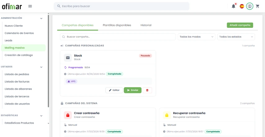 B2B email campaigns screen with scheduled sends